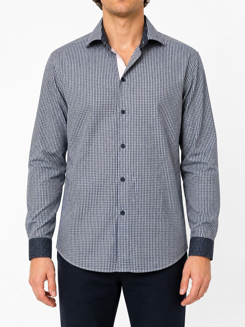 Bespoke Men's Lg Navy White Gingham Cotton Button-Down Shirt Contrasting Cuffs